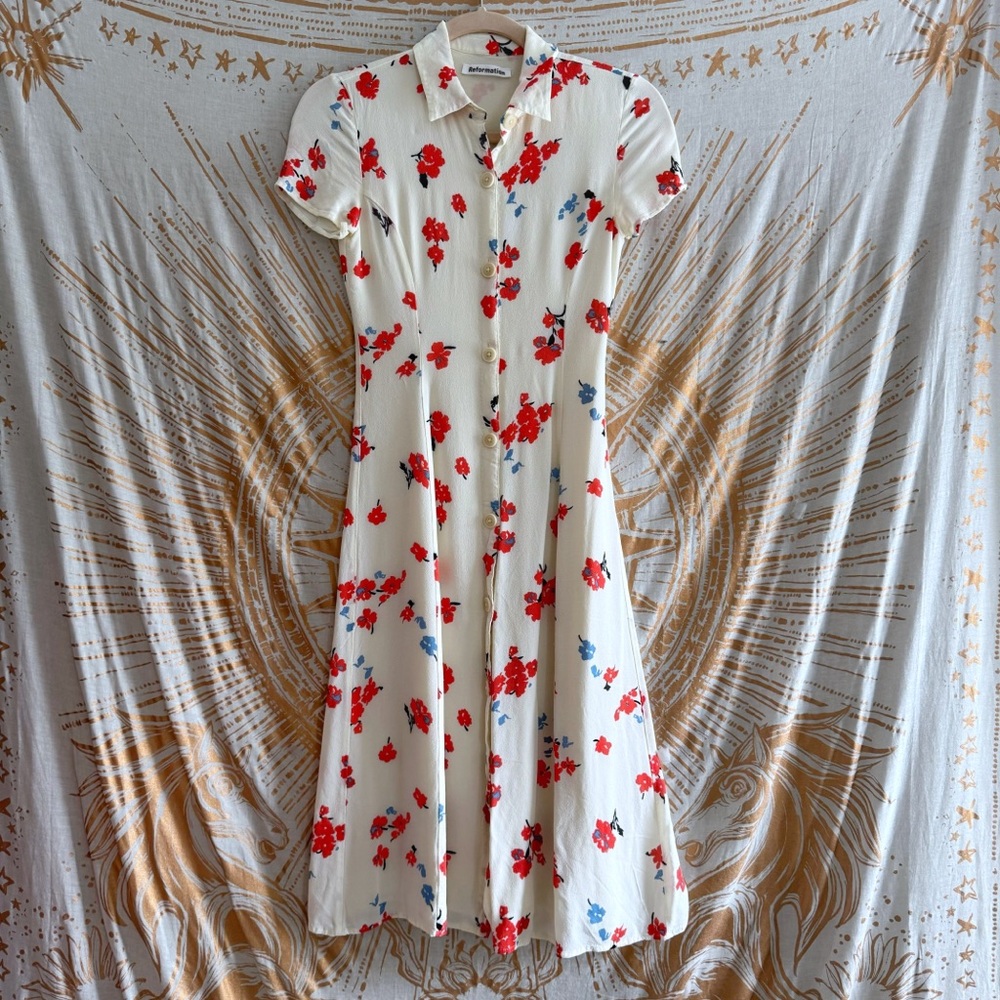 Reformation Sheila Floral Midi Dress - Cream and Red